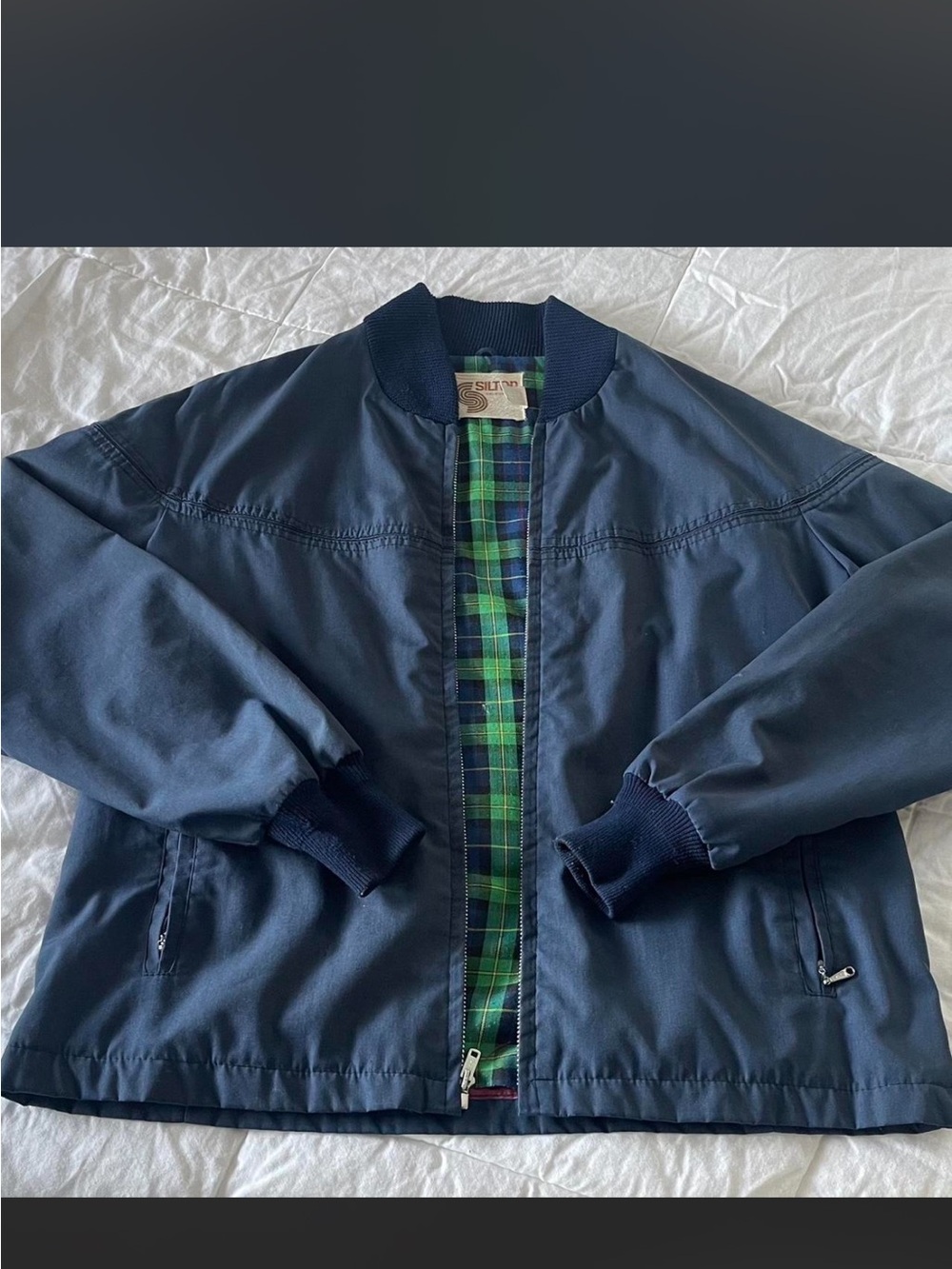 Vintage 1970s Derby Style Silton Navy Bomber Jacket with Green Plaid Lining